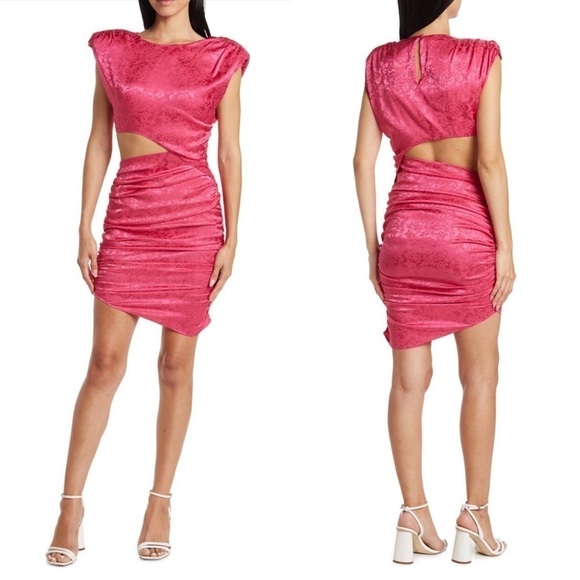 RONNY KOBO KYLE FLORAL PINK ASYMMETRIC CUTOUT RUCHED MINI DRESS - Picture 1 of 16